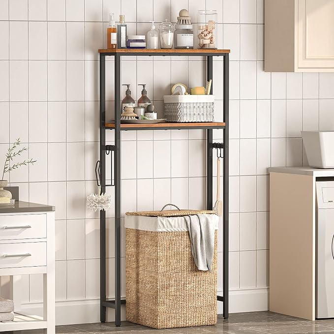 HOOBRO Over The Toilet Storage, 2-Tier freestanding Over the Toilet Storage, Bathroom Organizer Over Toilet with Toilet Paper Holder and Hooks, Space Saver for Room, Rustic Brown and Black BF49TS01 by HOOBRO