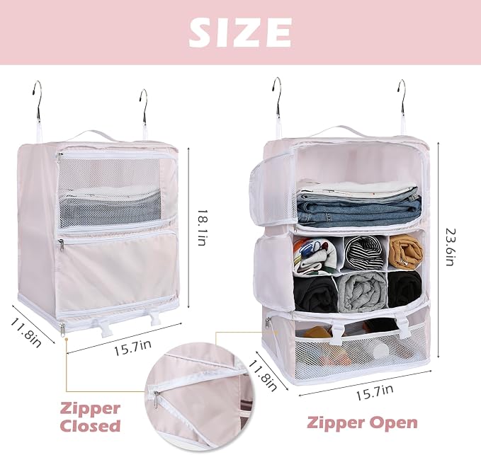 Surblue Hanging Shelves Travel Storage Bag Compression Packing Cube for Suitcase Portable Closet Organizer Collapsible with Extension Layer Large Capacity,Pink,XXL - Image 5