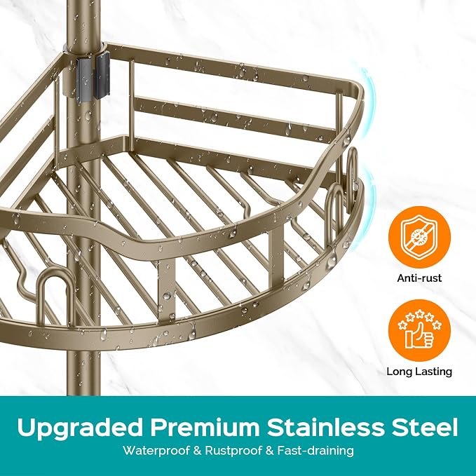 HAMITOR Shower Caddy Corner Tension Pole Adjustable No-Drill Bathroom Shelf - Image 5