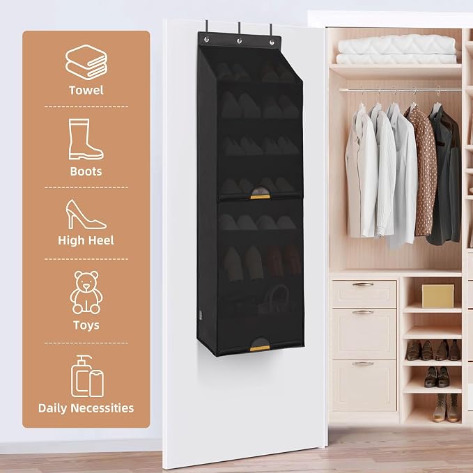 STORAGE MANIAC Over the Door Shoe Organizer with Curtain Dustproof Heavy-Duty Large Deep Pocket Hanging Shoe Organizer for Closet Dorm & Narrow Door Storage Shoe Holder Shoe Rack, 7-Shelf Black 1 Pack - Image 5