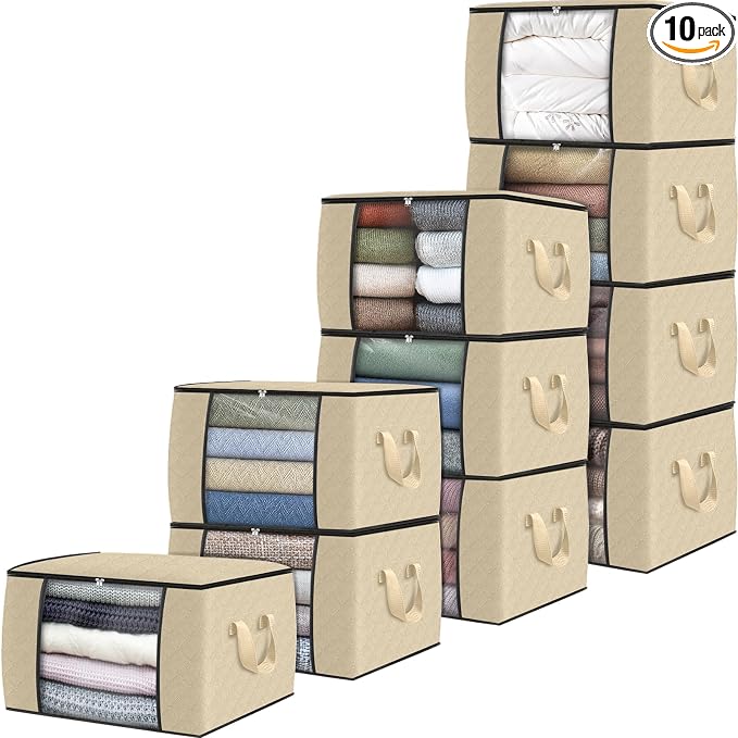 Fab totes 10 Pack Storage Bags for Clothes Blanket Storage Bins with Lids | Foldable Closet Organizers with Zippers,Window and Handles,Fabric Storage Bins for Sweater,Comforter,Bedding,Dorm essentials by Fabtotes