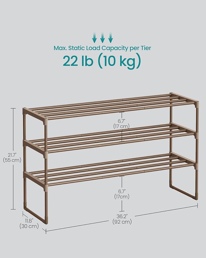 SONGMICS Shoe Rack, 3-Tier Shoe Organizer, Metal Storage Shelf | for Entryway, Upright or Upside Down, for 16-20 Pairs, Stackable, 11.8 x 36.2 x 21.7 Inches, Walnut Brown ULSA303K01 - Image 3