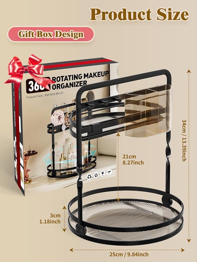 360 Rotating Makeup Vanity Organizer,Black 2-Tier Perfume Organizer - Image 4