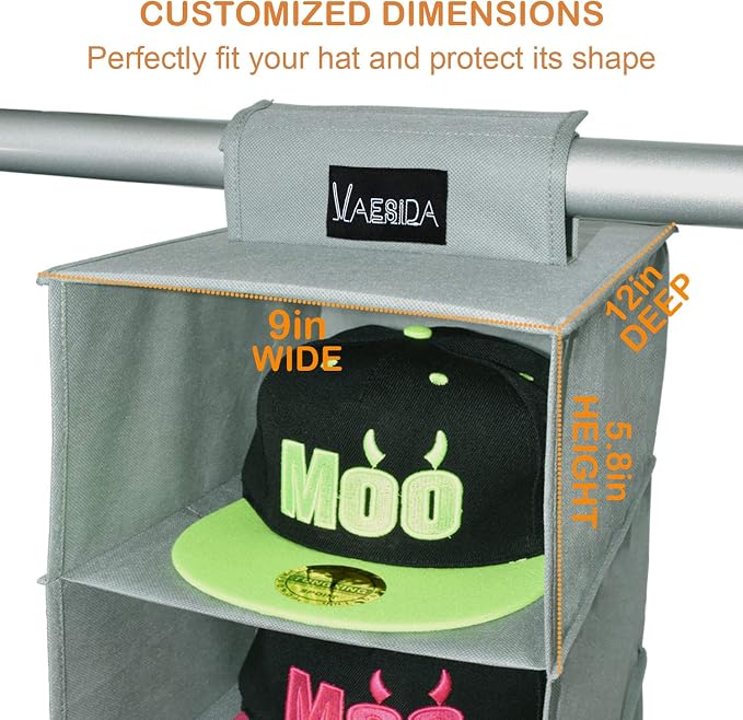 VAESIDA 10 Shelf Hat Rack Hanging Closet/Organizer for Storage - Best Baseball Cap Holder, Gray - Image 2