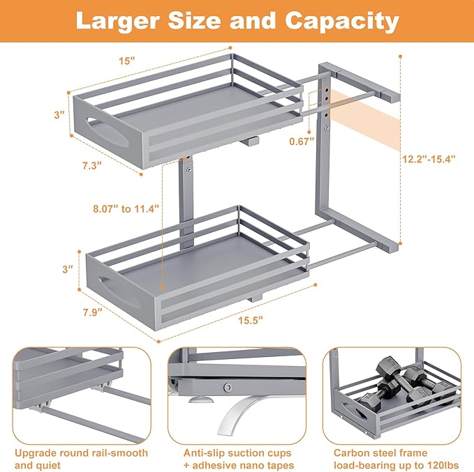 Under Sink Organizer, 2 Tier Under Sink Organizers and Storage, Adjustable Height, Slide out Metal Cabinet Organizers, Pull out Cabinet Storage Drawer Shelf for Kitchen Bathroom (Gray, 1 Pack) - Image 3