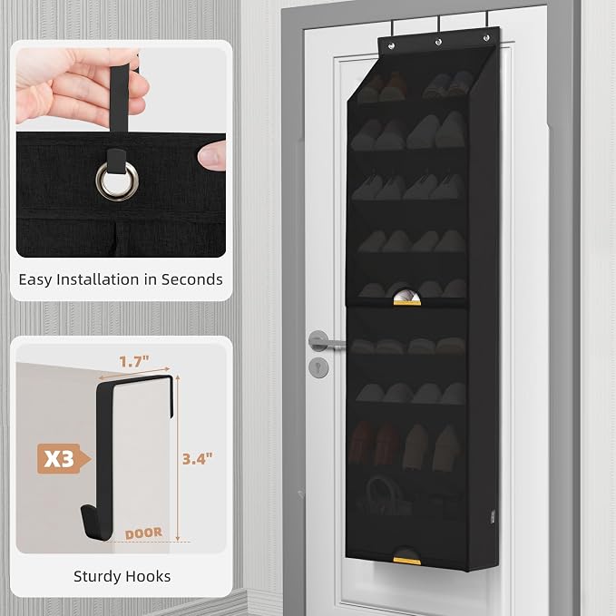 STORAGE MANIAC Over the Door Shoe Organizer with Curtain Dustproof Heavy-Duty Large Deep Pocket Hanging Shoe Organizer for Closet Dorm & Narrow Door Storage Shoe Holder Shoe Rack, 9-Shelf Black 1 Pack - Image 3