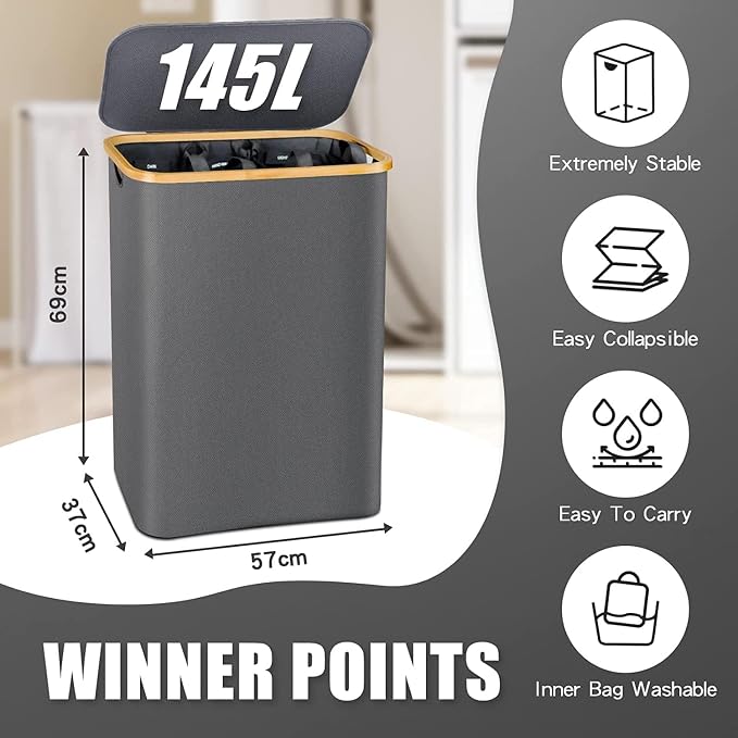 Hampers for Laundry Basket with Lid, 145L Large Laundry Hamper 3 Section - Image 3