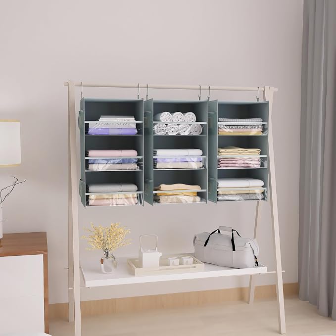 3 Shelf Hanging Closet Organizer Front Lip Design, Wider and Foldable Hanging Closet Wardrobe Storage Shelves with 4 Side Pockes, Clothes Handbag Shoes Accessories Storage, Gray - Image 2