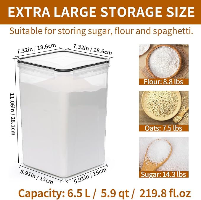 HKJ Chef 4 Pack Extra Large Airtight Food Storage Containers with Lids (6.5L / 220 oz), BPA Free Plastic Kitchen and Pantry Organization Contianers for Cereal Flour and Sugar Storage, Labels & Marker - Image 2