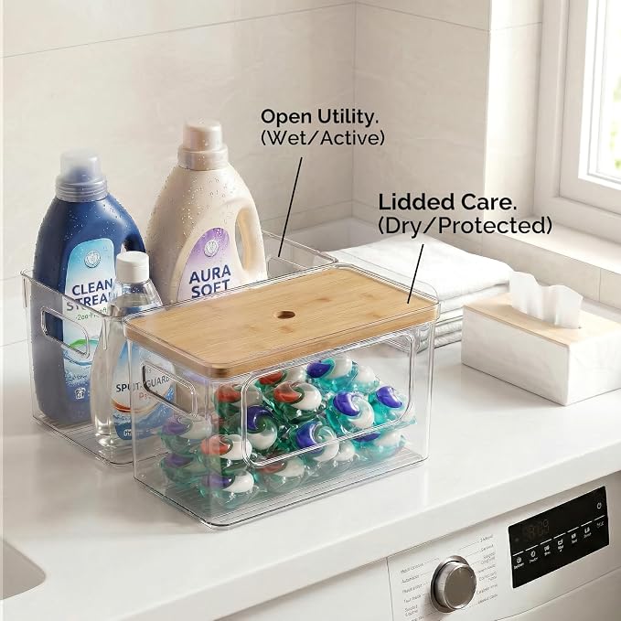 Hudgan 2 in 1 Acrylic Trash Bag Dispenser Under Sink, Garbage Bags Holder with Stackable Bamboo Top for Kitchen, Pantry, Laundry Room - Image 5