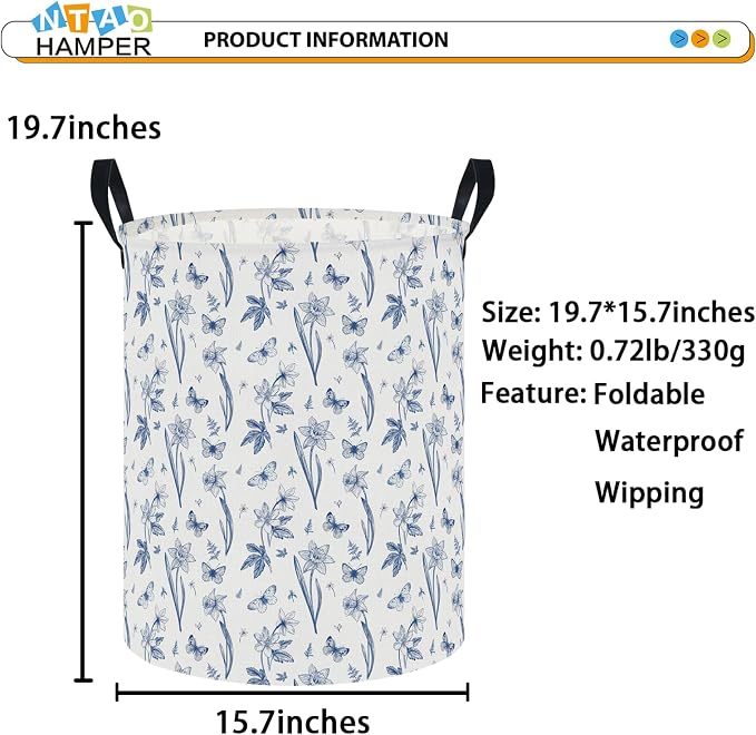 62L Blue Floral Butterfly Waterproof Laundry Hamper with Durable Leather Handle,Kids Collapsible Storage Basket for Nursery,Playroom, Bedroom(Indigo Flowers） - Image 2