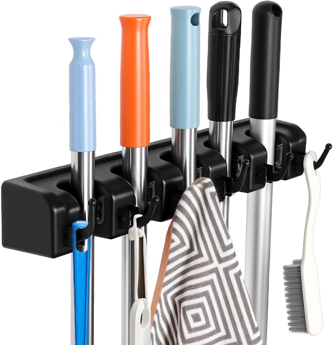InPoTo Wall Mount Broom Holder 5 Slots 6 Hooks Mop Organizer Rack by InPoTo