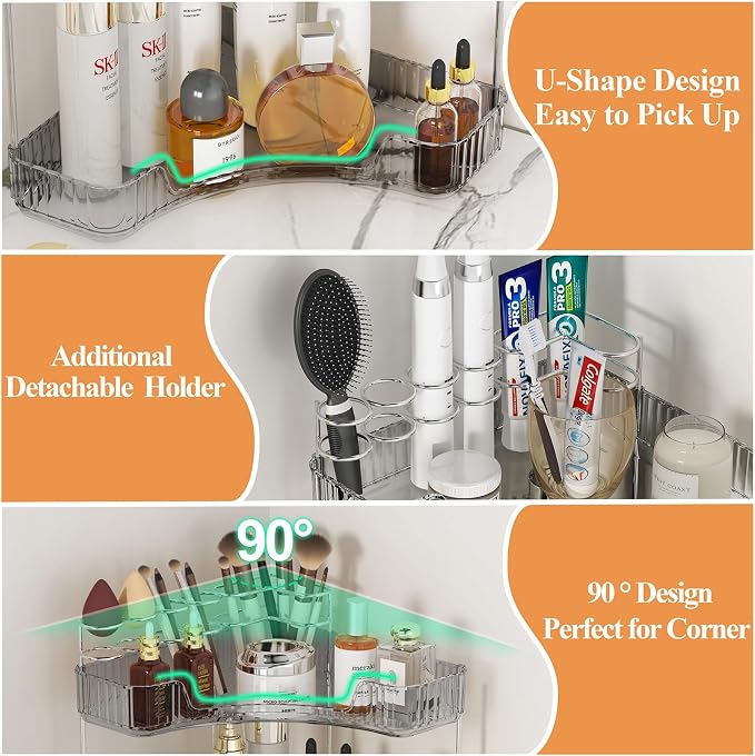 SUNZOS Modern 3-Tier Bathroom Organizer, Corner Makeup Storage with Brush Holder, Acrylic Vanity Organizer, Large Capacity Countertop Organizer for Kitchen, Dresser, Gray - Image 3