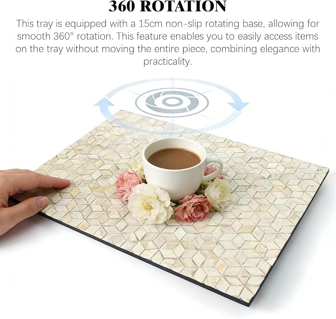 Rectangle Mother of Pearl Lazy Susan Turnable Organizer, 360 Degree Round Table Countertop Decorative Spinning Tray for Kitchen Cabinet Counter Spice Pantry Dinner Table (White Gold Flower) - Image 4
