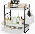 Kottwca 2-Tier Bathroom Counter Organizer with Drawer, Basket & Hooks, Wooden Vanity Shelf for Skincare, Perfume & Makeup Storage(White) by Kottwca