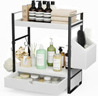 Kottwca 2-Tier Bathroom Counter Organizer with Drawer, Basket & Hooks, Wooden Vanity Shelf for Skincare, Perfume & Makeup Storage(White) by Kottwca