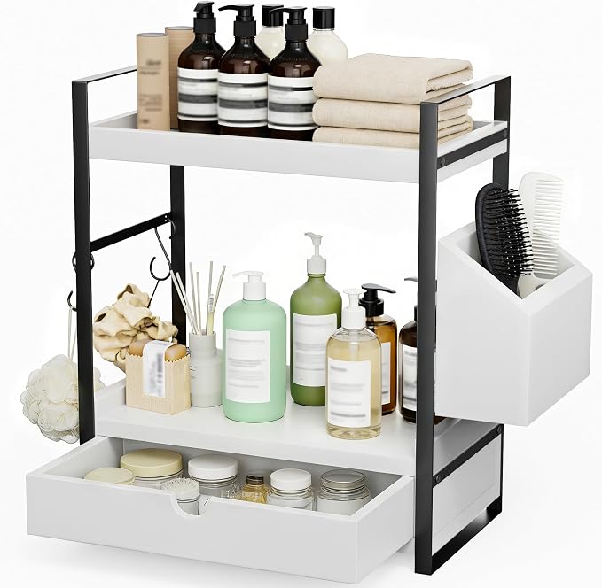Kottwca 2-Tier Bathroom Counter Organizer with Drawer, Basket & Hooks, Wooden Vanity Shelf for Skincare, Perfume & Makeup Storage(White) by Kottwca
