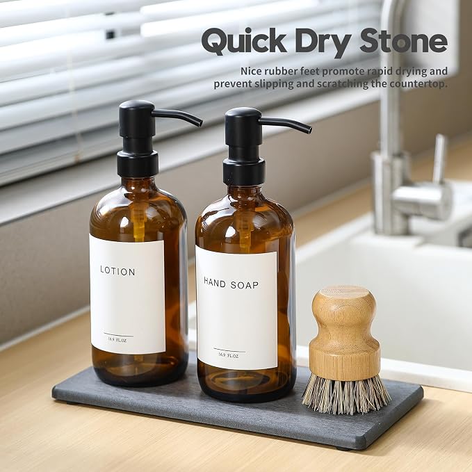 2PCS 10"x 5" Large Bathroom Sink Vanity Trays, Water Absorbing Diatomite Stone Quick Drying Mat for Kitchen Counter, Dish Rack Dispensers Sponge Holder Caddy Organizer, Dark Gray, - Image 2