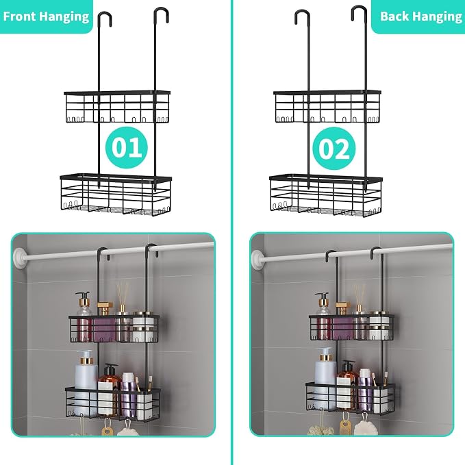 HapiRm Hanging Shower Caddy Organizer - No Drilling Shower Organizer with Hooks, Rustproof & Waterproof 304 Stainless Steel Bathroom Shelves - Black - Image 4