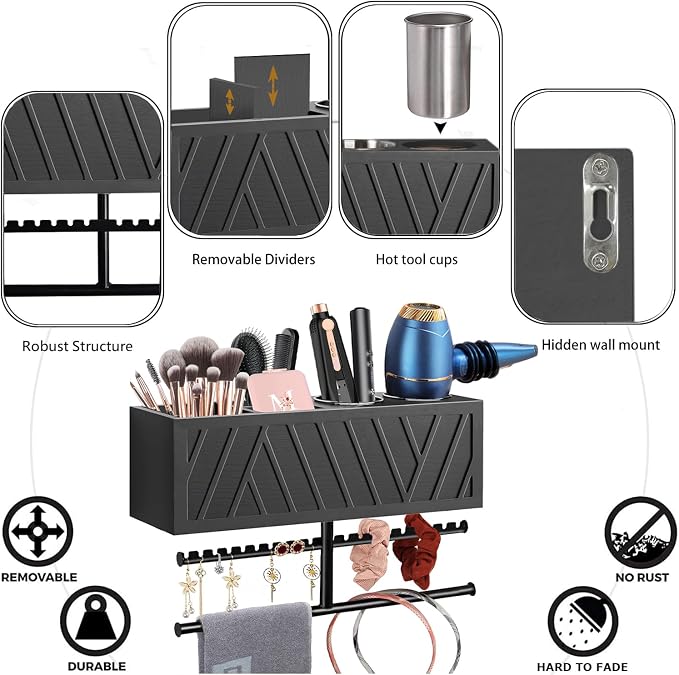 Rustic Hair Dryer Holder Wall Mounted with Towel Rack - Image 4