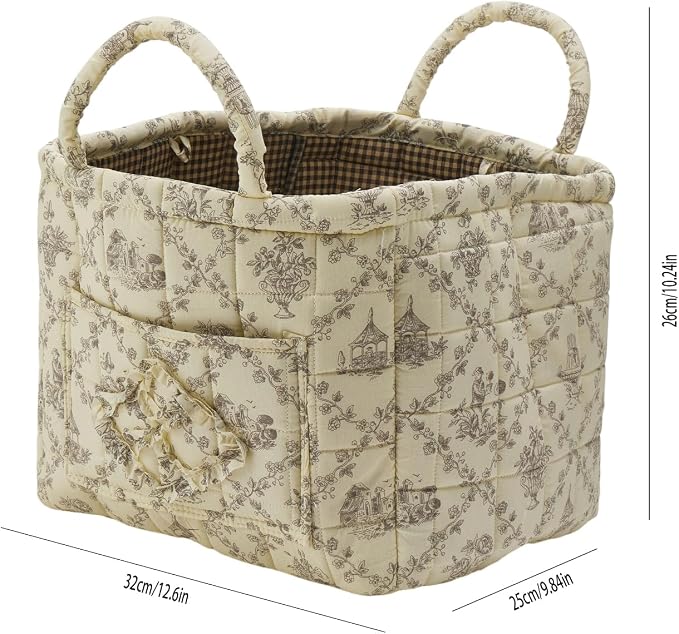 Quilted Fabric Storage Basket with Handles & Pocket, Foldable Laundry Hamper Boho Floral Print Organizer Bin for Home, Picnic, Office 12"x10"x10" (B-1) - Image 2