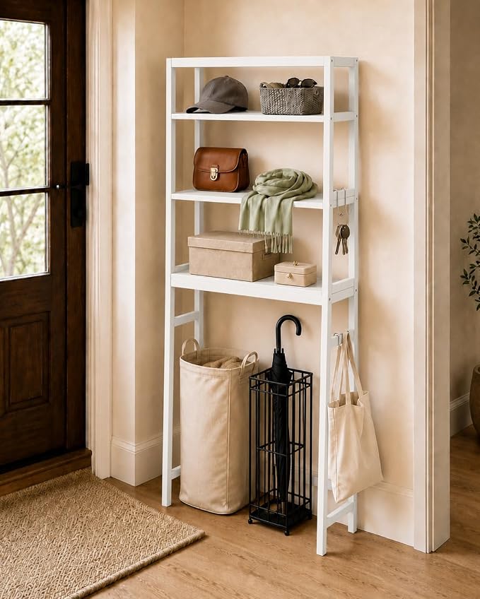 Over The Toilet Storage,White Bamboo Over Toilet Bathroom Organizer with 3-Tier Shelves and Hooks,Space-Saving Bathroom Shelf for Towels,Toiletries and Small Bathroom Storage - Image 7