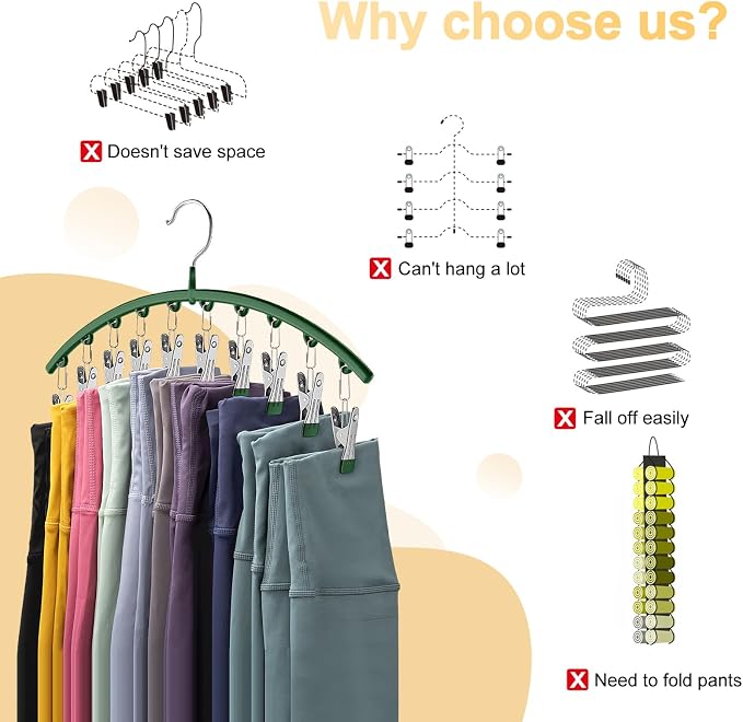 Legging Organizer for Closet, Metal Yoga Pants Hangers 1 Pack w/10 Clips Holds 10 Leggings, Space Saving Hanging w/Rubber Coated Closet Organizers and Storage, Green - Image 2