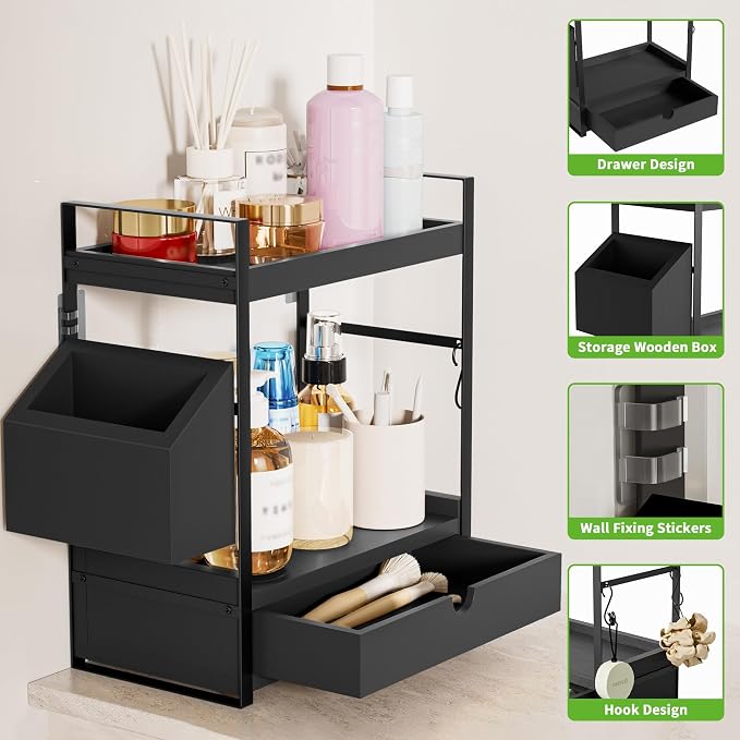 2-Tier Bathroom Counter Organizer, Wooden Vanity Shelf with Drawer & Basket - Image 3