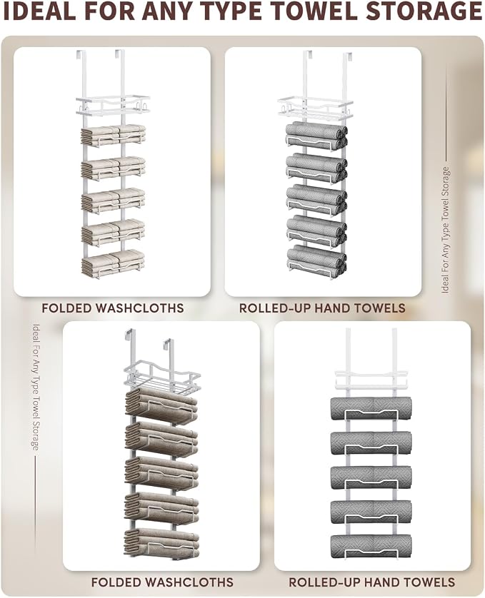 Aetyord Hanging Towel Racks for Bathroom No Drill - Over The Door 6-Tier Bath Towel Storage Organizer for Small Bathrooms - Back Door Large Tiered Towel Holder Hanger for Rolled Towels RV Camper White - Image 2