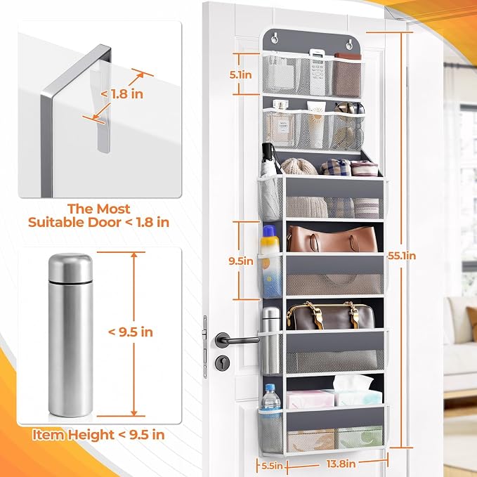 SpaceHacks 6-Tier Over the Door Organizer with Mesh Pockets, Baby Nursery Storage for Closet, Bathroom and Bedroom, Adjustable Hanging Closet Organizer for Cosmetics, Books and Essentials (Dark Grey) - Image 2
