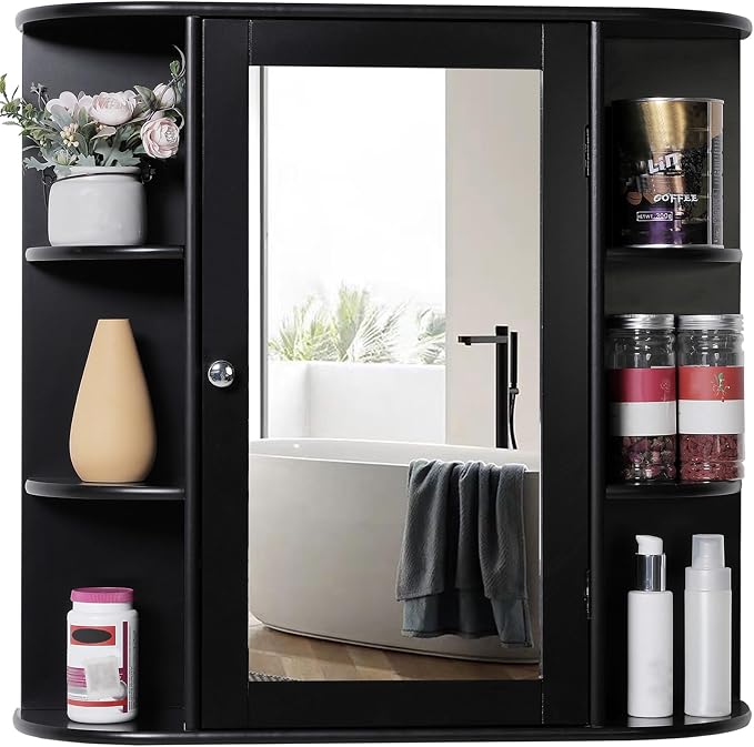 Iwell Bathroom Medicine Cabinet with Mirror, Wall Cabinet with 2 Adjustable Shelves & 6 Open Shelves, Bathroom Cabinet Wall Mounted, Over The Toilet Space Saver Storage Cabinet, Black by IWELL