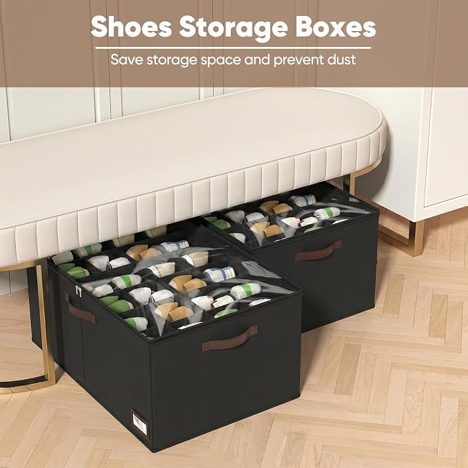 OIAHOMY 2 Pack Shoe Organizer for Closet, Large Foldable Shoe Storage Bins with Dividers and Reinforced Handles, Each Clear Cover Sneaker Box Fits Up to 24 Pairs for Entryway and Bedroom, Black - Image 2