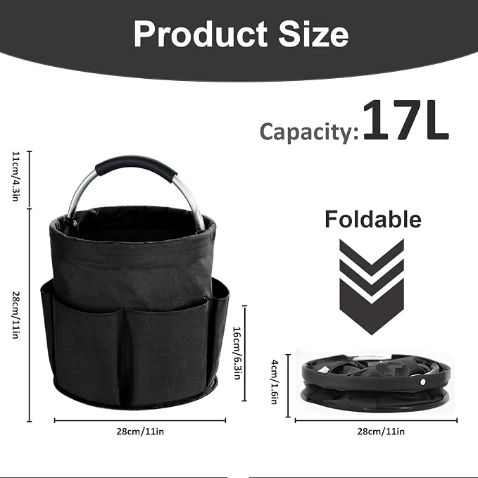 17L Cleaning Caddy with Handle, Cleaning Supplies Organizer, Foldable Storage Basket, Cleaning Supply Caddy, Portable Multi Cleaning Bucket Bag for Home, Garden (Black) - Image 4
