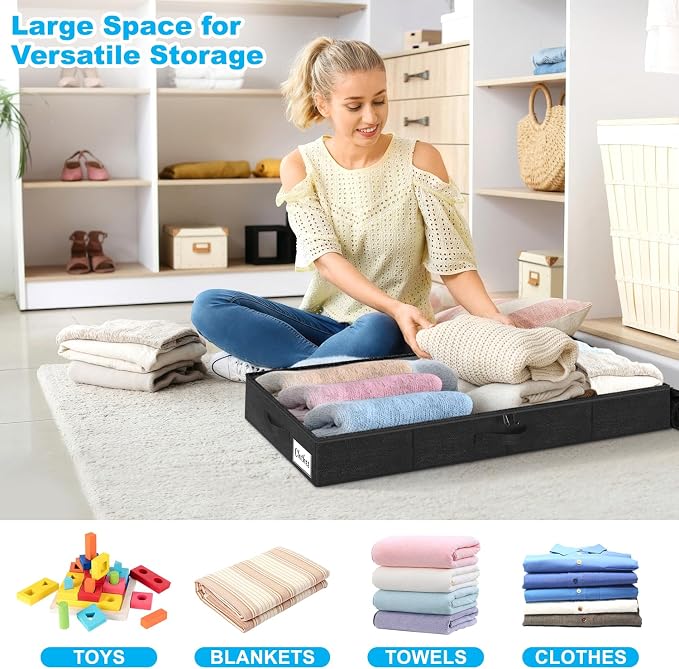 Under Bed Storage Container Bins 4 Pack, 4 Inch Thin Low Profile Underbed Clothes Storage Organizer for Dorm & Home, Use for Blanket and Toy Storage Box W/ Sturdy Bottom/Sides, Foldable Thick Fabric - Image 4