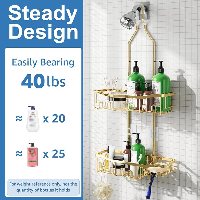 Shower Caddy, Extended Length Shower Organizer with Hooks, Rustproof Shampoo Soap Holder, Large Hanging Bathroom Caddy, Gold - Image 6