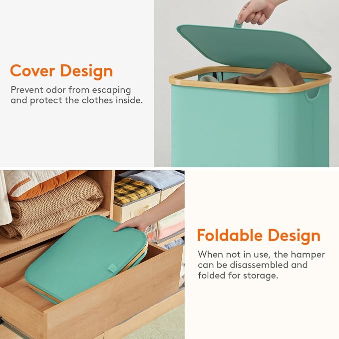 Lifewit 80L Large Laundry Basket with Lid, Removable Bags, Sage Green - Image 7