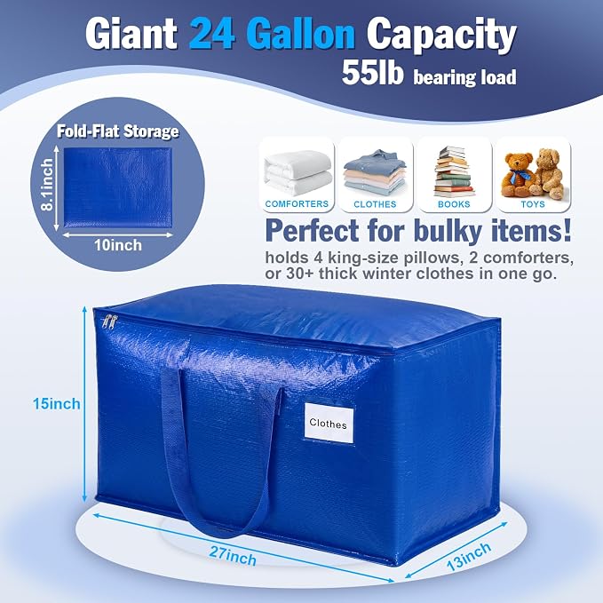 KYODOLED 4 Pack Blue Moving Bags, 24 Gal Large Storage Totes for College | Water-Resistant, Wide-Zipper Opening, Label Window, Heavy Duty Packing Bags for Clothes, Bedding and Dorm Moves, 27x13x15 in - Image 3