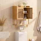 AmazerBath Bathroom Wall Cabinets, Bamboo Medicine Cabinet with Rattan Door, Large Over The Toilet Storage Cabinet with Towel Bar, Wall Mounted Cabinet with Adjustable Shelves for Small Spaces - Image 7
