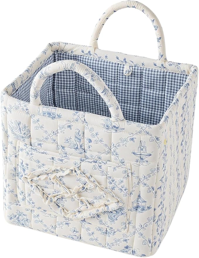 Quilted Fabric Car Storage Basket with Handles & Pocket, Foldable Laundry Hamper Boho Floral Print Organizer Bin for Home, Picnic, Office Nursery Cloth Toy 12"x10"x10" (Style F) by Unknown