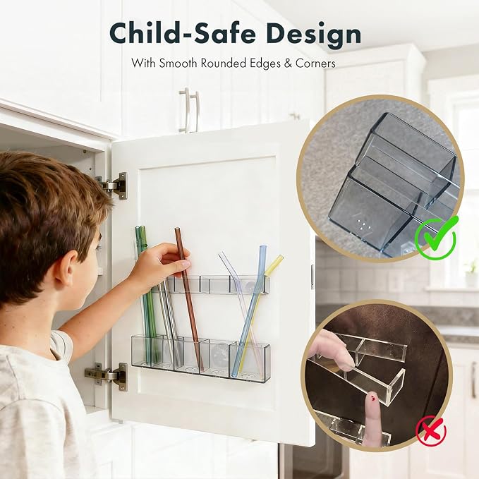 Acrylic Straw Holder for Cabinet Door - Child-Safe Organizer & Dispenser with Smooth Rounded Edges for Kitchen Accessories Storage, Adhesive Circles Included (Dark Transparent) - Image 3