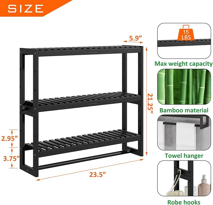 RRX Bathroom Shelf Storage Organizer, Shelf 3-Tier Adjustable Layer, Black - Image 3