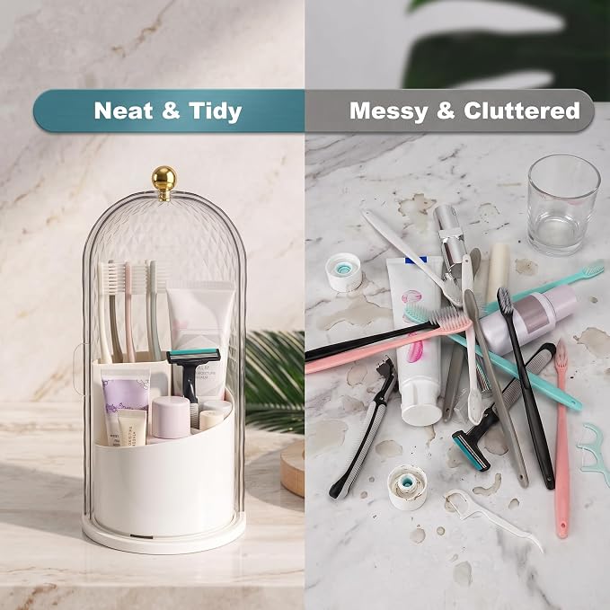 QIYVLOS Toothbrush Holders with Sliding Lid, Rotating 3 Slots Bathroom Organizer Countertop, Tooth Brush Toothpaste Holder Bathroom Counter Stand Caddy for Vanity Makeup Brushes Holder (White) - Image 4