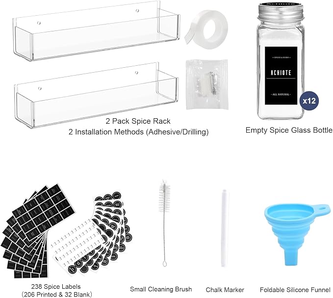 PMMASTO 2-Pack Clear Acrylic Self-Adhesive Spice Racks with 12 Empty Jars - Image 3