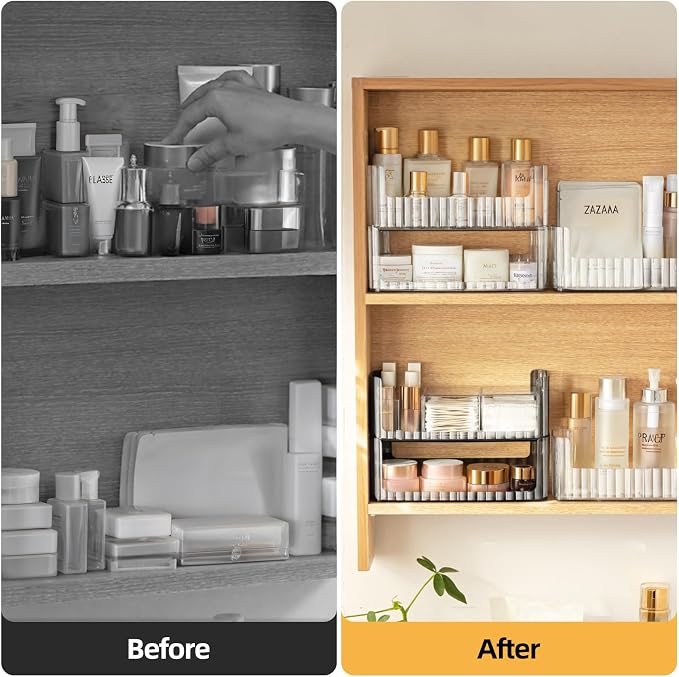 PAVSTINE 2-Tier Stackable Medicine Cabinet Organizer, Narrow Bathroom Makeup Organizer with Lipstick Holders & Cotton Swab Cases, Clear Countertop Shelf for Mirror Cabinet and Vanity - Image 6