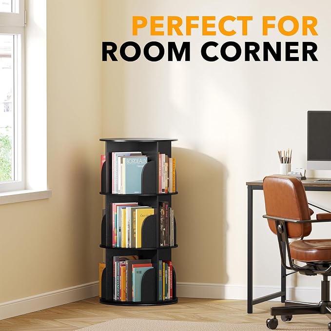 SpaceAid 3 Tier Rotating Bookshelf Tower, Spinning Bookcase Lazy Susan, Revolving 360 Book Shelf Storage Round Carousel, Vertical Rotate Turning Spiral Corner Organizer, Black - Image 5