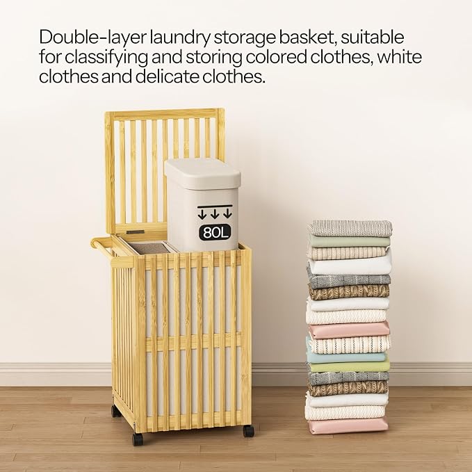 HOOBRO Laundry Hamper with Lid and Wheels, 120 L (31Gal) Double Laundry Basket, Bamboo Clothes Hamper with Handles and Removable Liner, for Laundry Room, Bathroom, Bedroom, Natural YL60XY01 - Image 8