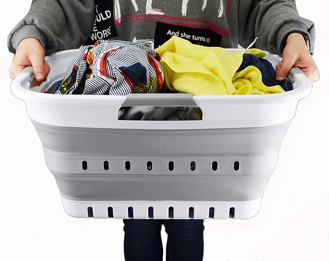 SAMMART 30L (8 gallon) Collapsible 3 Handled Plastic Laundry Basket - Foldable Pop Up Storage Container/Organizer - Space Saving Hamper/Basket (White/Grey) - Image 7