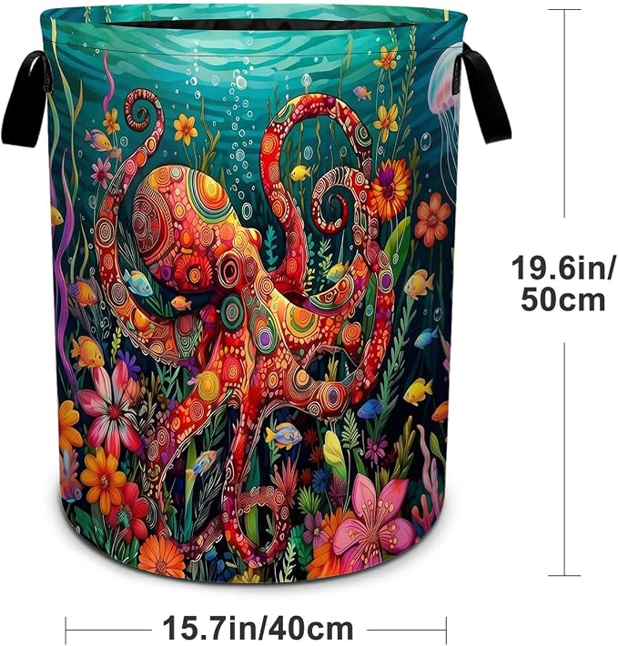 Octopus Flower Laundry Basket Foldable Laundry Hamper With Handles Clothes Storage Bucket Organizer Laundry Bag For Bedroom Bathroom Laundry Storage 19.6 x 15.7 - Image 2