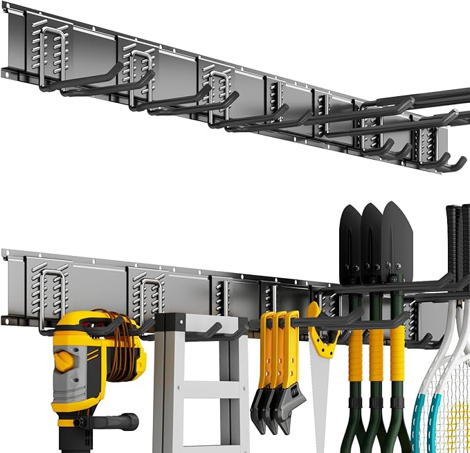 Garage Tool Organizer Wall Mount, 48 Inch Heavy Duty Garden Tool Organizer Storage System, Easy Install with 7 Adjustable Hooks, for Garage, Basement, Shed, Workshop, Black, Steel by CRXCRC