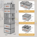 Hanging Closet Organizer 6-Shelf, Upgrade Closet Organizers and Storage with 5 Removable Drawers & 4 Side Pockets, Hanging Shelf Organizer for Bedroom or Garment Rack, 12.6'' x 12.6'' x 44.1'', Gray - Image 3